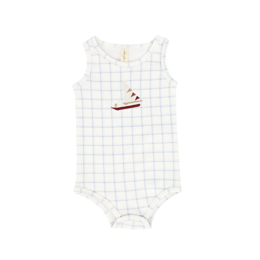 BEBE JOLEE BLUE CHECKED SAILBOAT RIBBED ROMPER