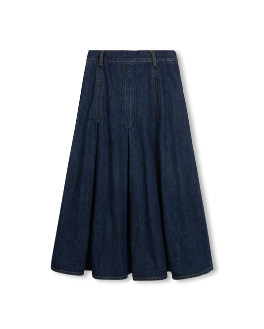 VIBE BLUE DENIM WIDE PLEAT MIDI SKIRT