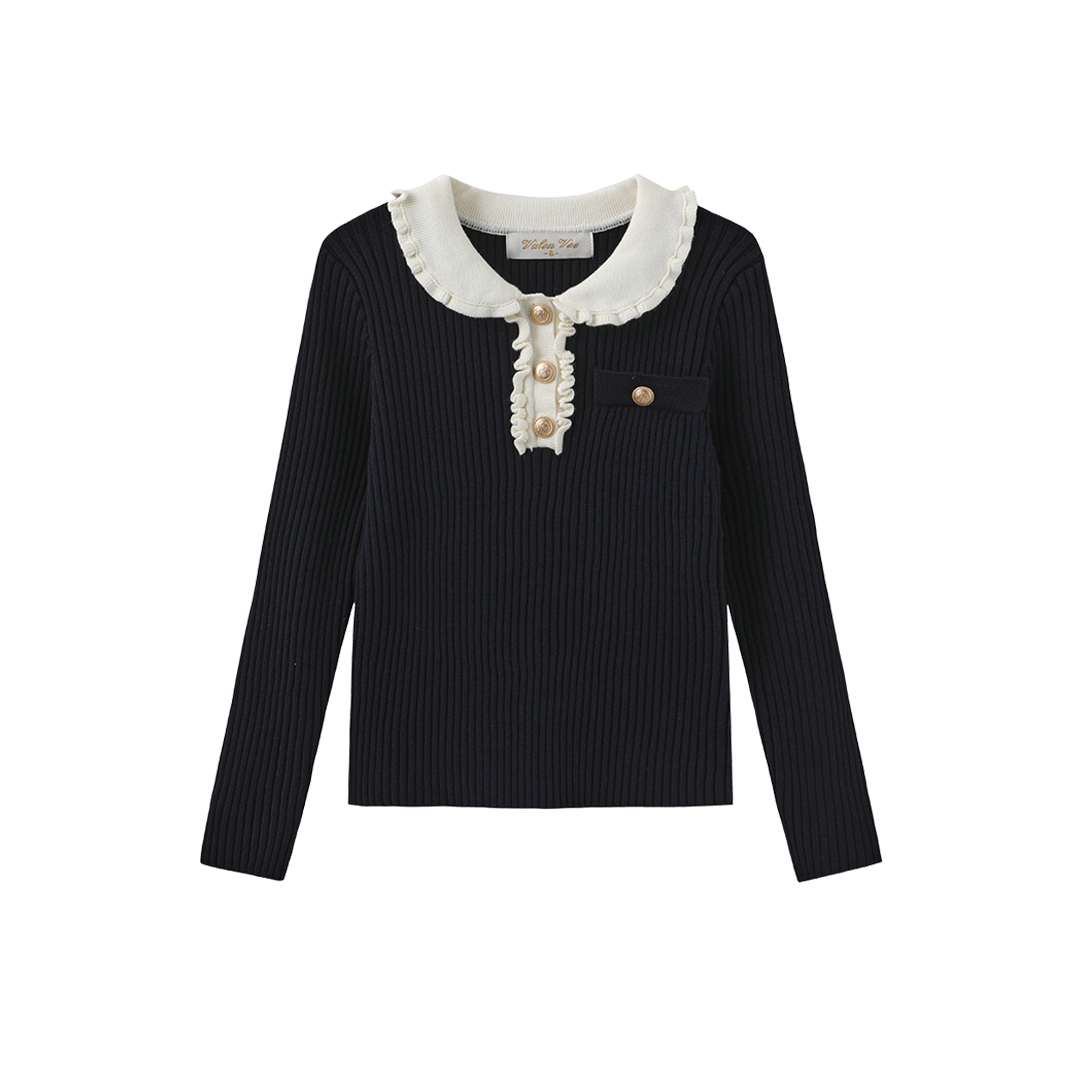 VALEN VEE NAVY RIBBED RUFFLE COLLAR SWEATER