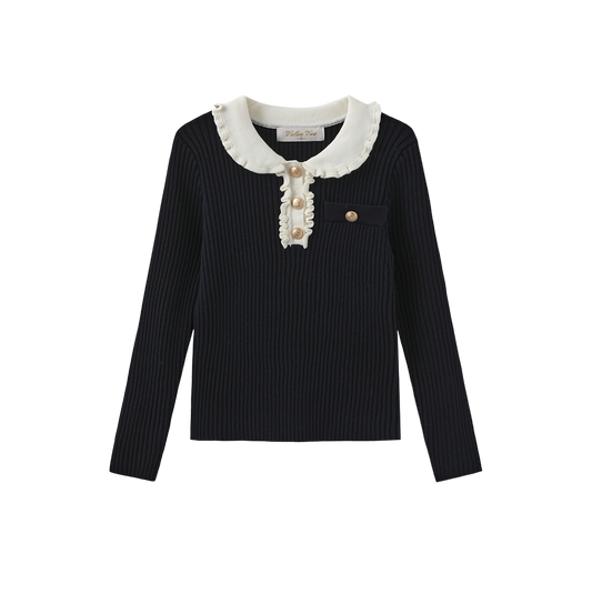 VALEN VEE NAVY RIBBED RUFFLE COLLAR SWEATER