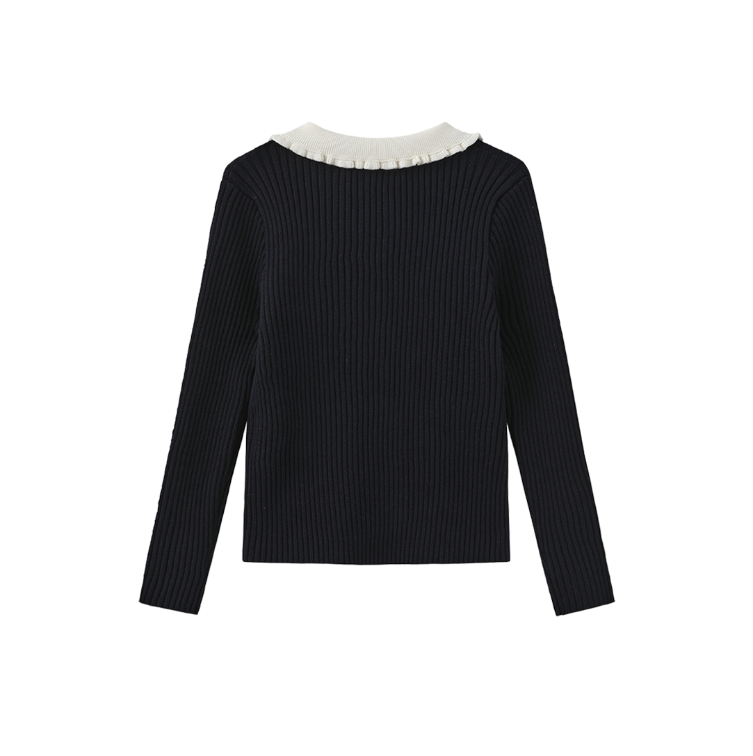 VALEN VEE NAVY RIBBED RUFFLE COLLAR SWEATER