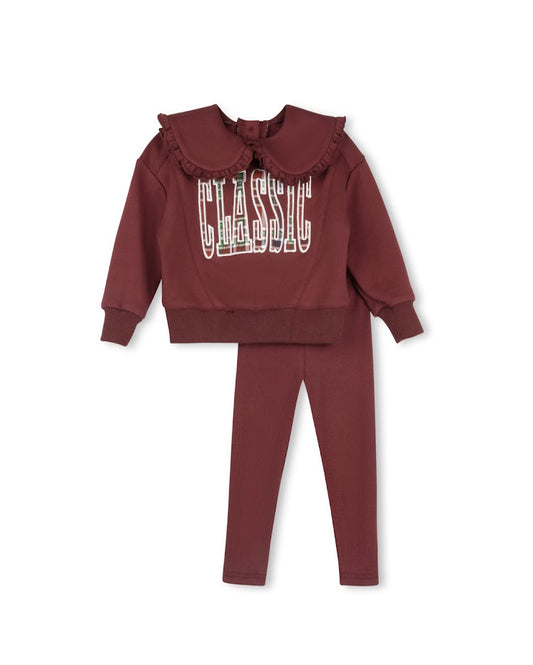 PHIL AND PHOEBE BURGUNDY RUFFLE TRIM SWEATSHIRT SET