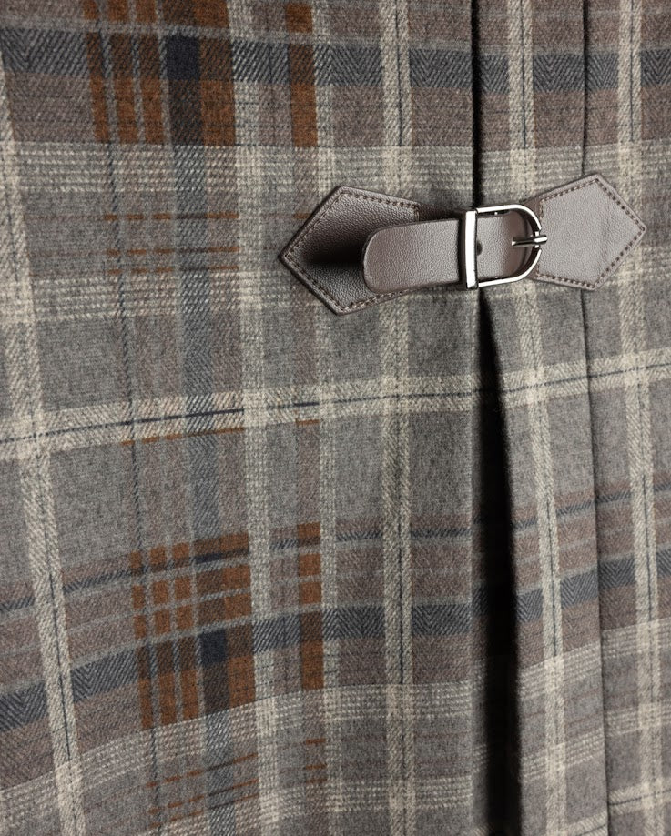 ONE CHILD GREY/BROWN WOOL PLAID BUCKLE PLEAT SKIRT