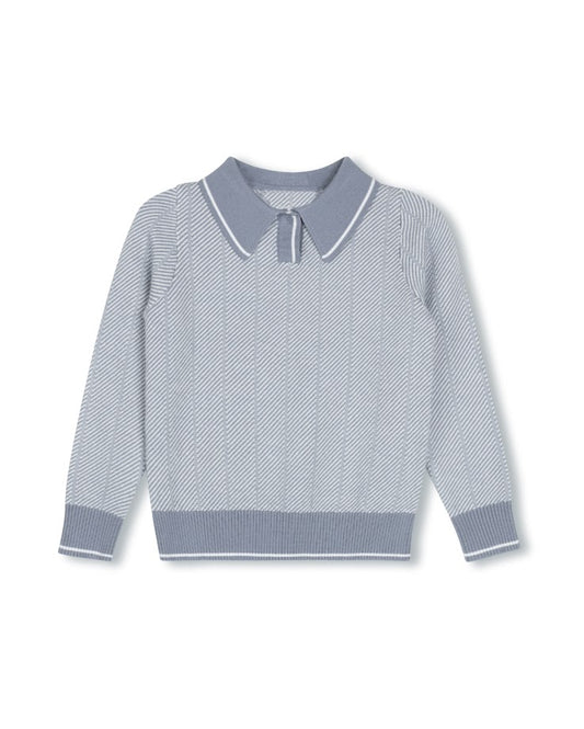 ONE CHILD BLUE CHEVRON KNIT COLLAR SWEATER