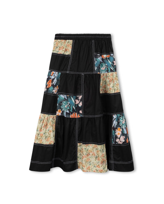 VIBE BLACK PATCHWORK TIERED MIDI SKIRT