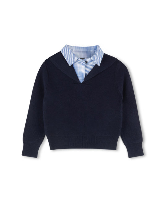 HARPER JAMES NAVY PINSTRIPE COLLAR OVERLAY SWEATER