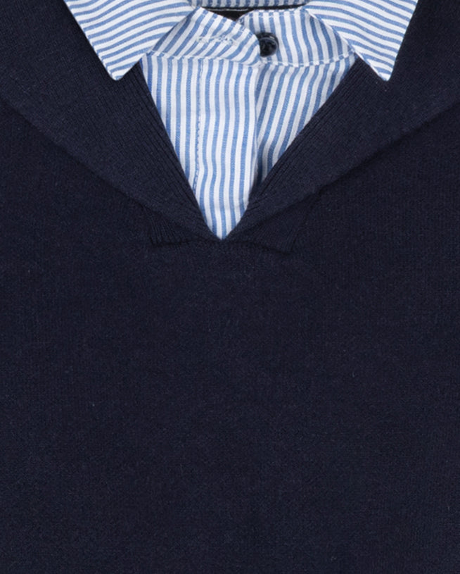 HARPER JAMES NAVY PINSTRIPE COLLAR OVERLAY SWEATER