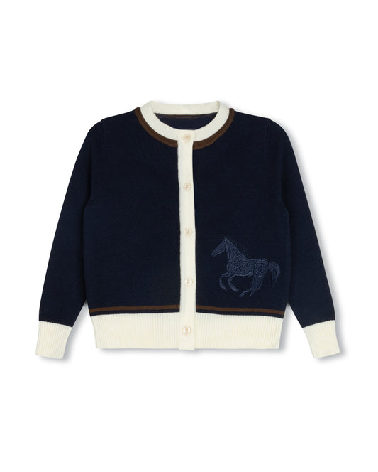 HARPER JAMES NAVY HORSE EMBROIDERED CARDIGAN