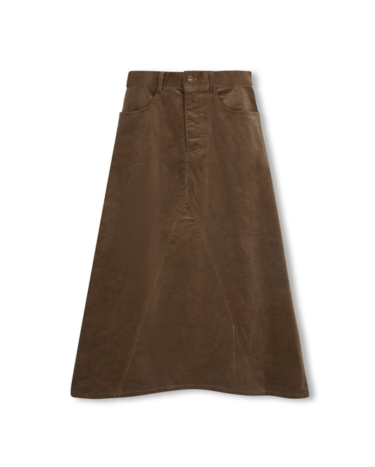 VIBE CAMEL CORDUROY FRINGE HEM SKIRT