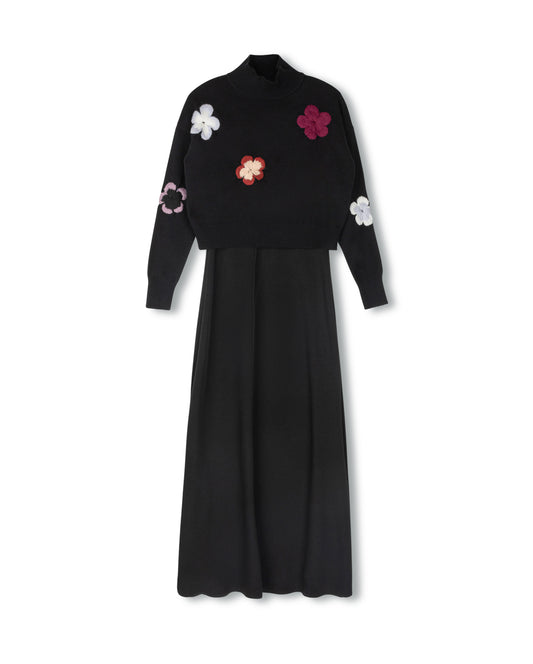 MINIMAL BLACK FLOWER APPLIQUE SLIP DRESS SET