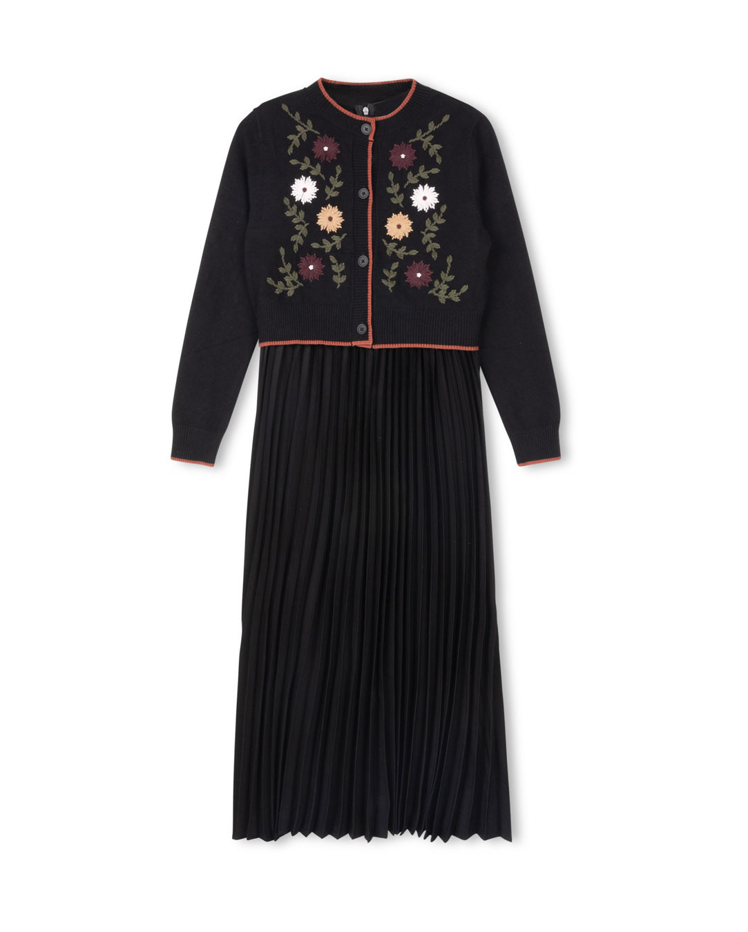 TUSTELLO BLACK EMBROIDERED FLOWER CARDIGAN SLIP DRESS SET