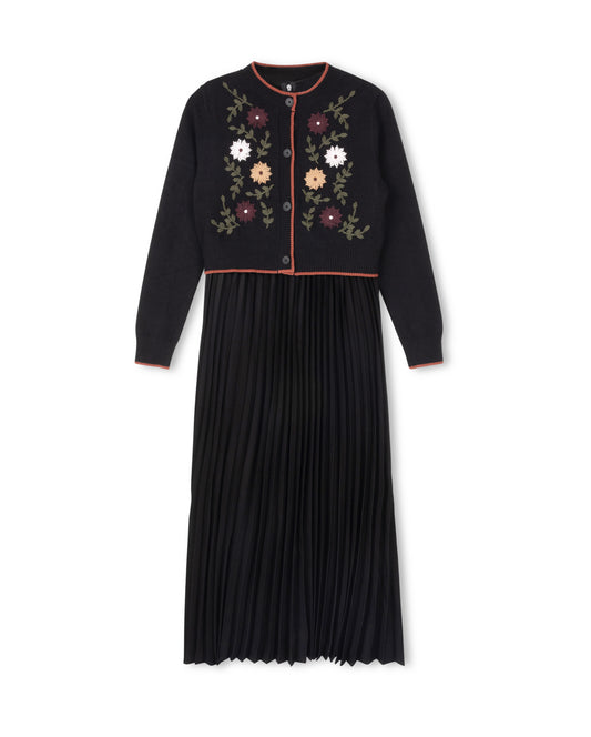 TUSTELLO BLACK EMBROIDERED FLOWER CARDIGAN SLIP DRESS SET