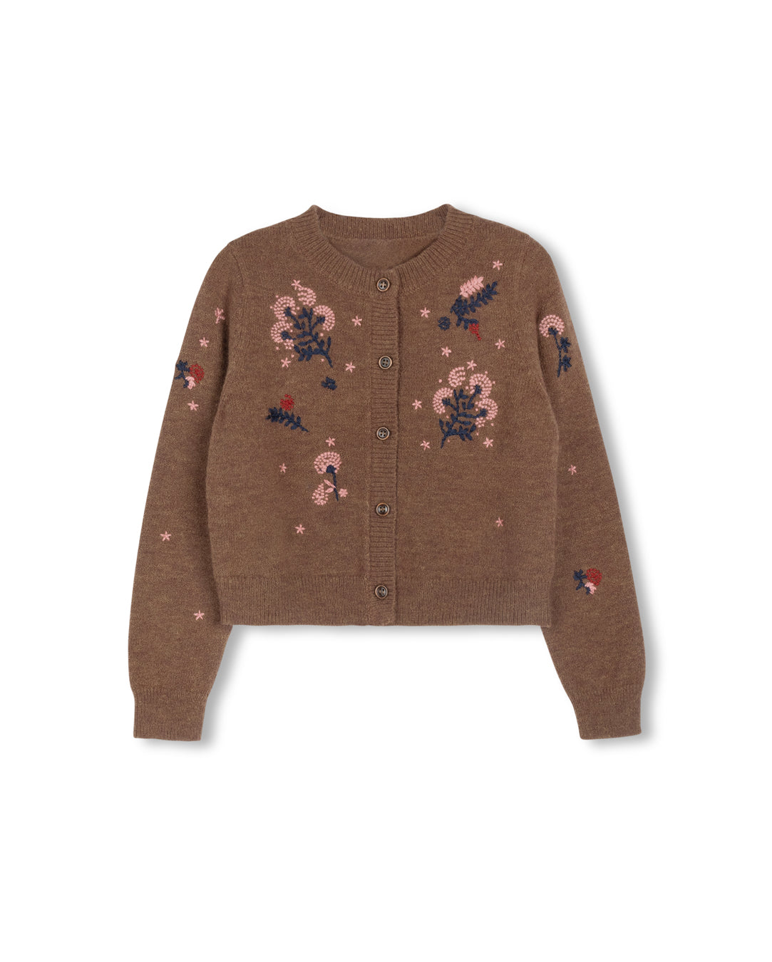 ONE CHILD BROWN FLOWER EMBROIDERED KNIT CARDIGAN