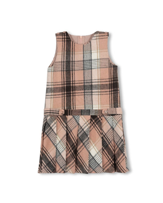 ONE CHILD CHARCOAL/TAN WOOL PLAID PLEAT JUMPER
