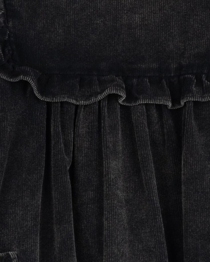 PHIL AND PHOEBE BLACK CORDUROY RUFFLE TRIM POCKET DRESS
