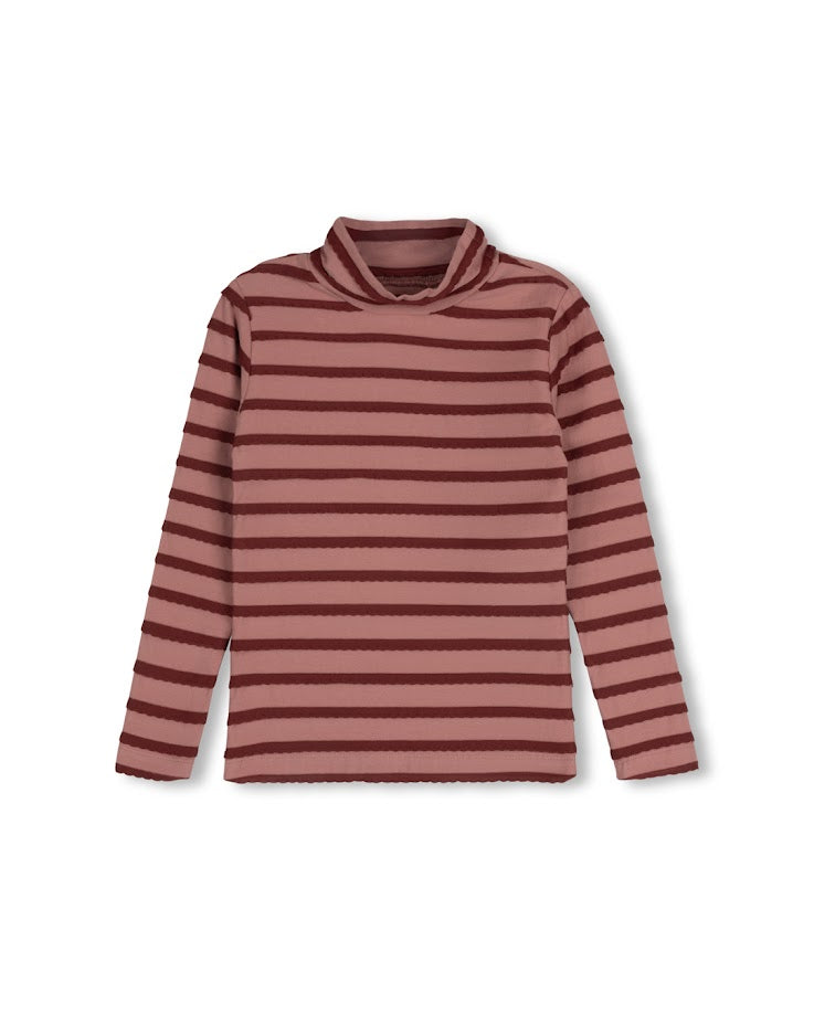 HELLO YELLOW BURGUNDY LAYERED STRIPE TURTLENECK