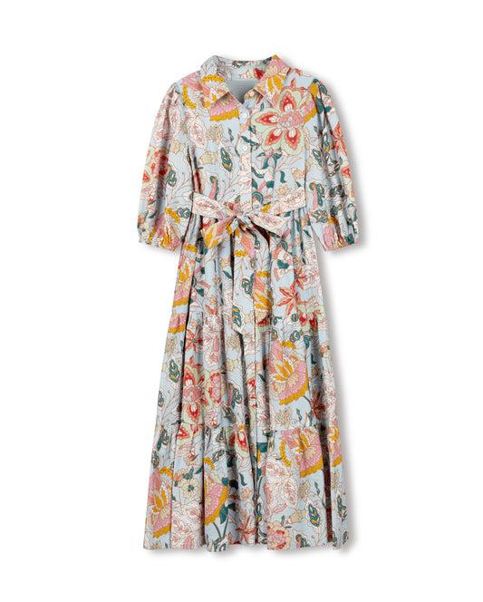 MINIMAL BLUE FLORAL BUTTON TIERED MIDI DRESS