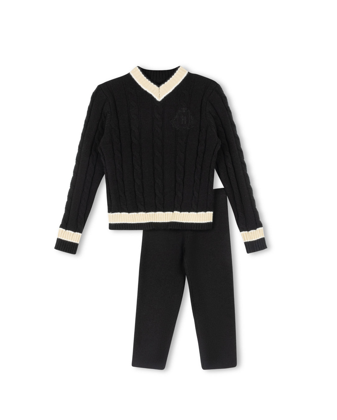 HARPER JAMES BLACK CHUNKY CABLE KNIT EMBLEM SWEATER SET