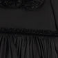 LILOU BLACK TAFFETA TIERED RUFFLE TRIM DRESS