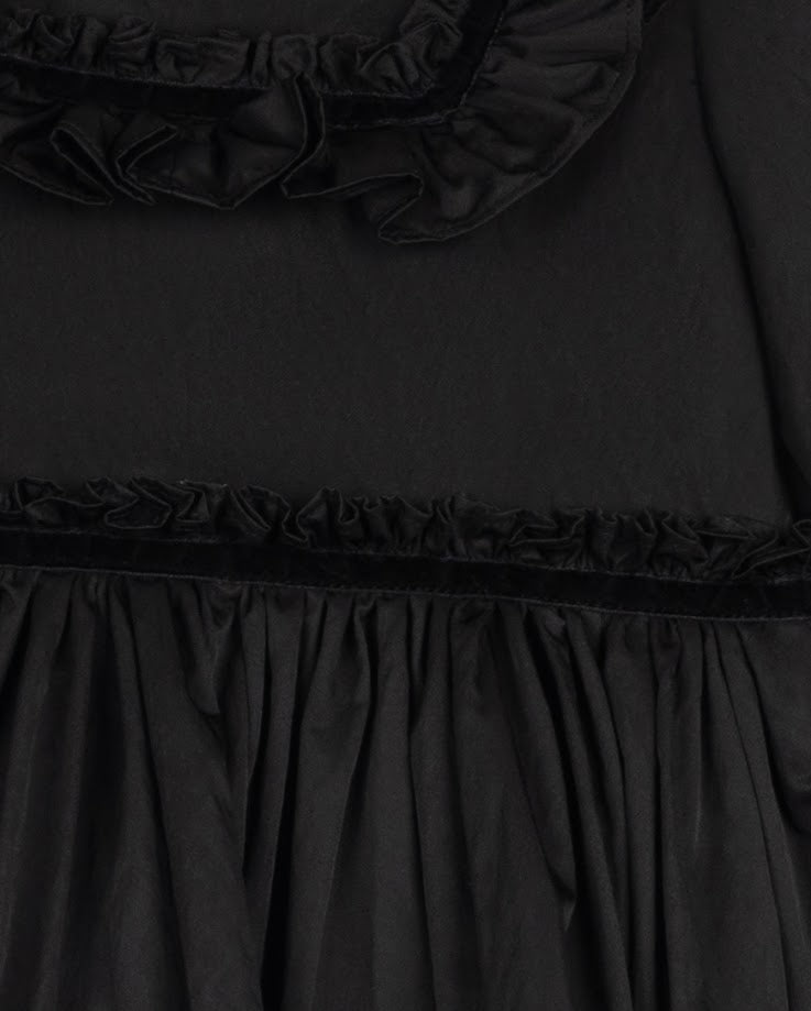 LILOU BLACK TAFFETA TIERED RUFFLE TRIM DRESS