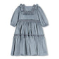 LILOU BLUE TAFFETA TIERED RUFFLE TRIM DRESS