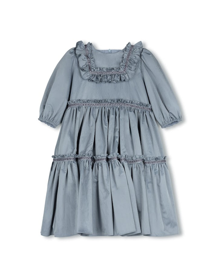 LILOU BLUE TAFFETA TIERED RUFFLE TRIM DRESS