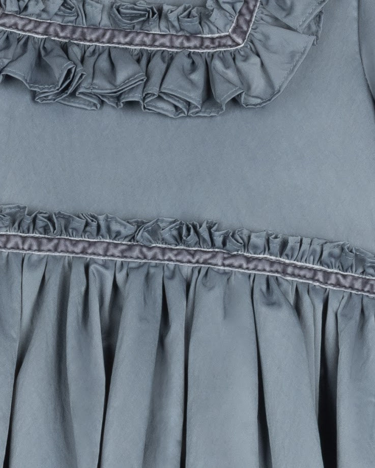 LILOU BLUE TAFFETA TIERED RUFFLE TRIM DRESS