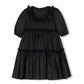 LILOU BLACK TAFFETA TIERED RUFFLE TRIM DRESS