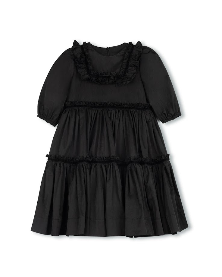 LILOU BLACK TAFFETA TIERED RUFFLE TRIM DRESS