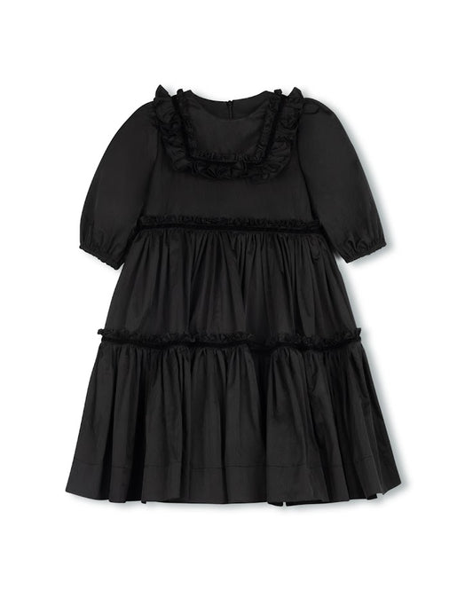 LILOU BLACK TAFFETA TIERED RUFFLE TRIM DRESS