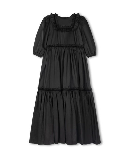 LILOU BLACK TAFFETA TIERED RUFFLE TRIM GOWN