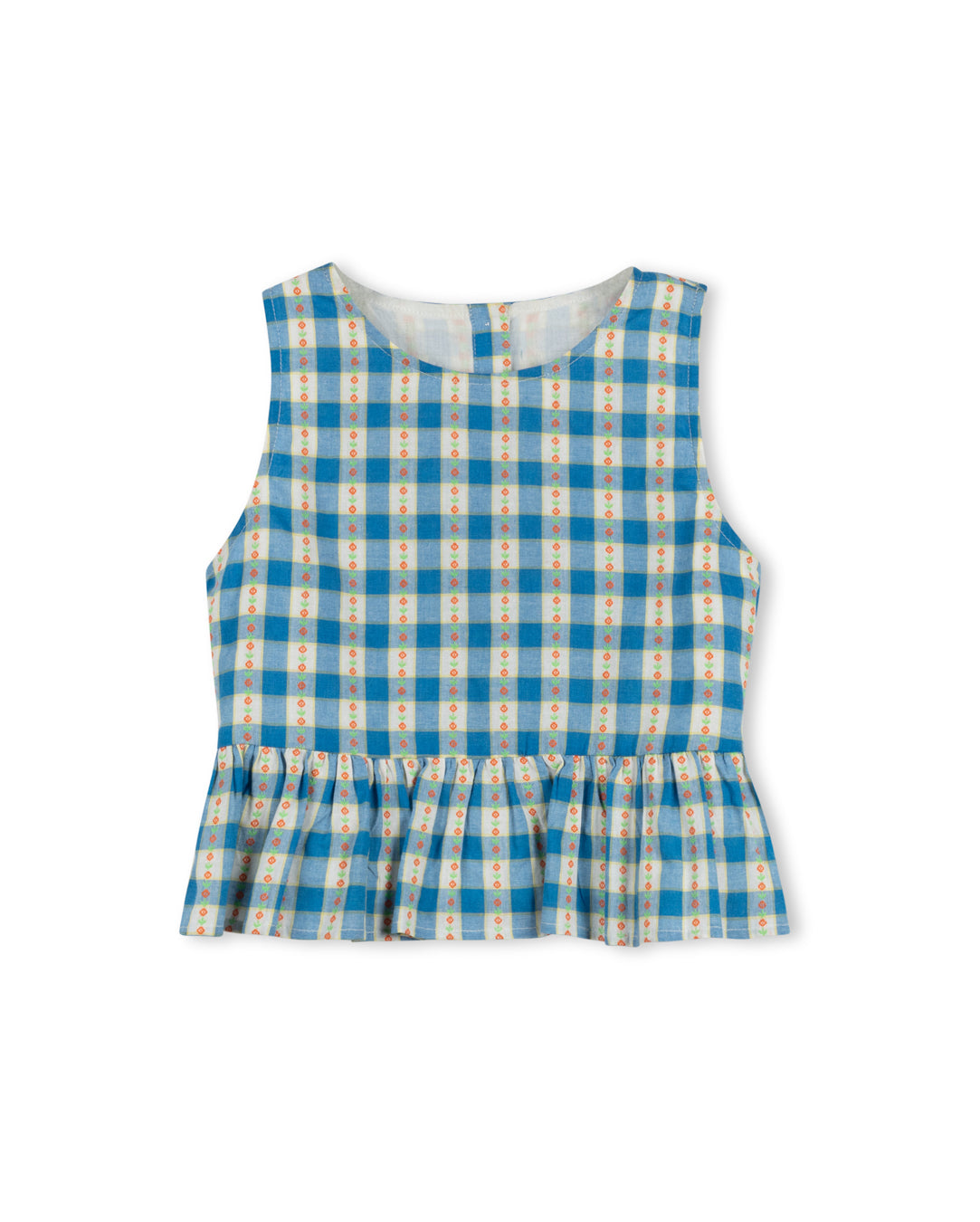 ONE CHILD BLUE CHECKED FLORAL RUFFLE VEST
