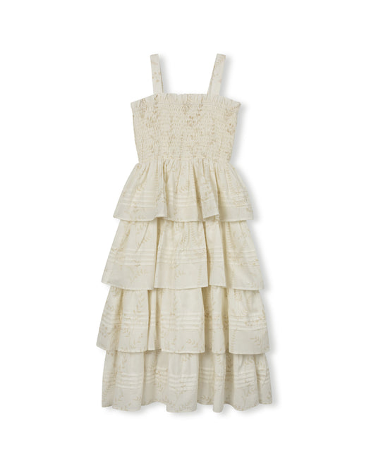 LILOU CREAM FLORAL SMOCK TIERED MAXI DRESS