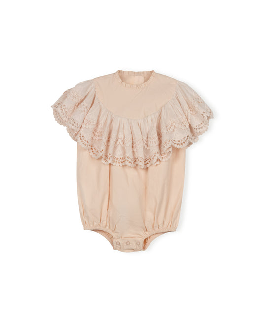 LILOU PALE PINK LACE RUFFLE TRIM ROMPER