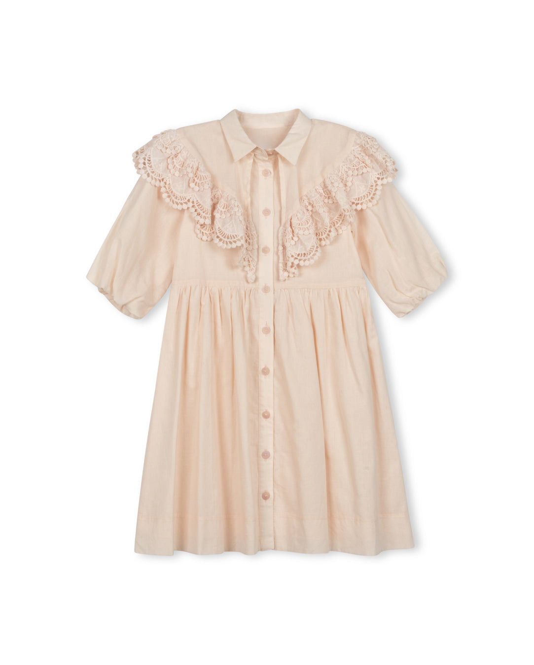 LILOU PALE PINK LACE RUFFLE TRIM DRESS