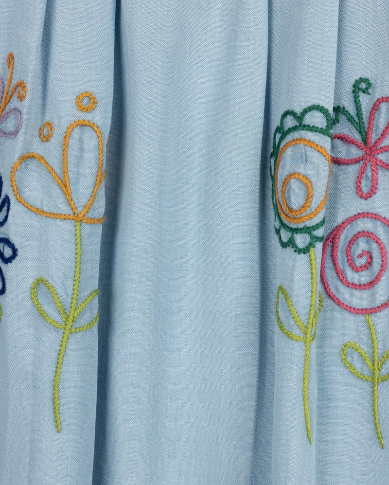 HELLO YELLOW DENIM CHAMBRAY EMBROIDERED DETAIL DRESS