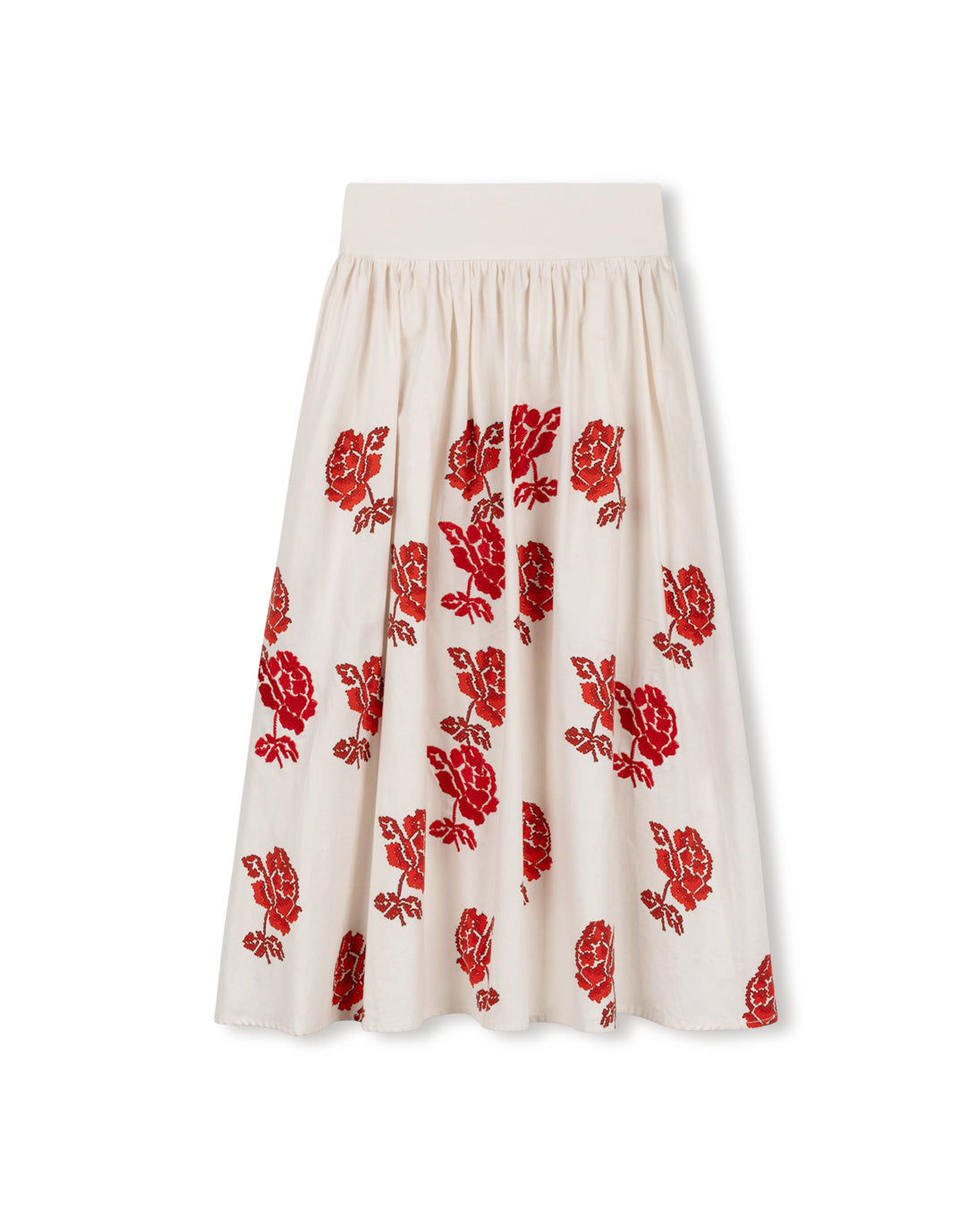 MALLORY AND MERLOT IVORY/RED EMBROIDERED MIDI SKIRT