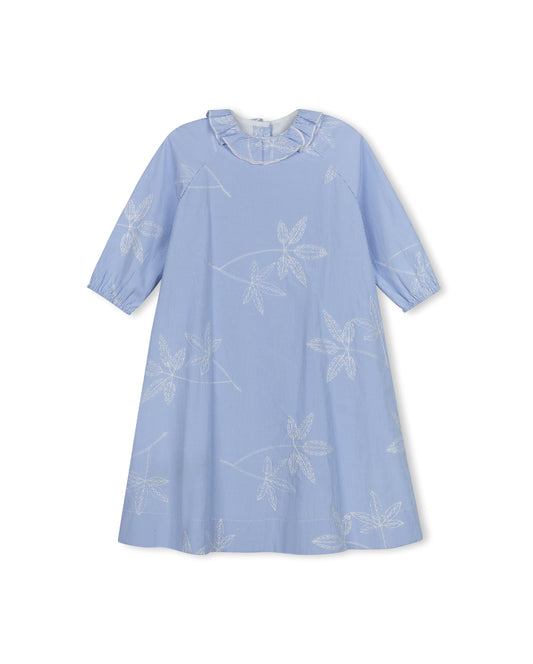 LILOU BLUE PINSTRIPE EMBROIDERED DRESS