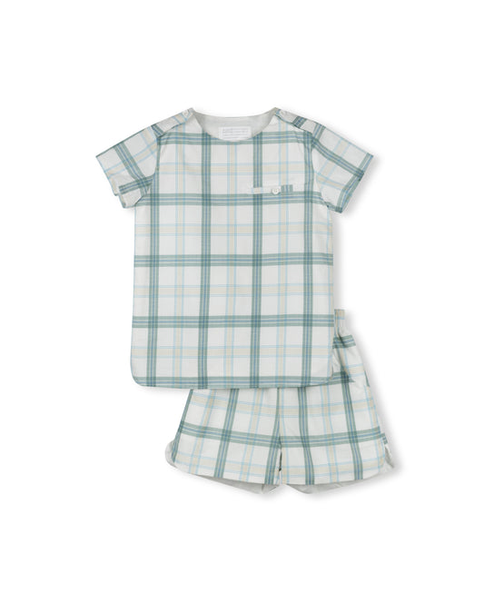 ONE CHILD GREEN PLAID SHORTS SET