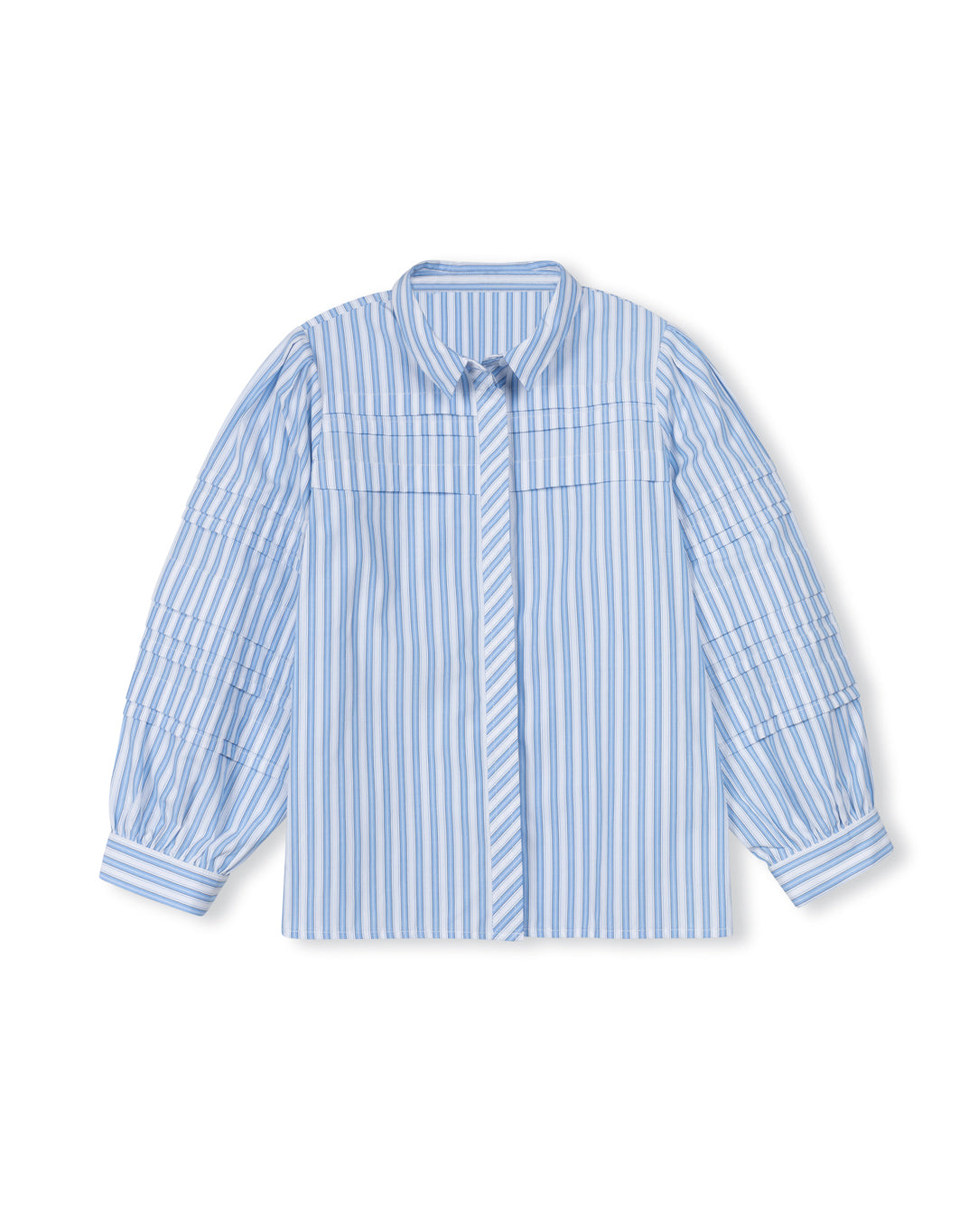 TUSTELLO WHITE/BLUE PINSTRIPED PLEAT BLOUSE