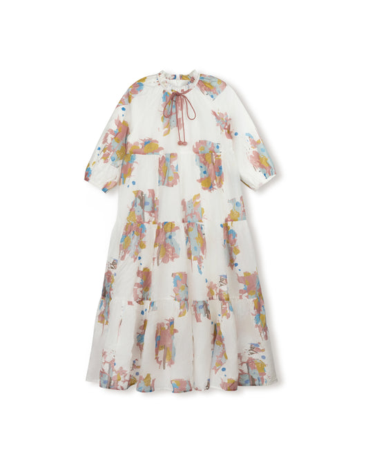 MINIMAL WHITE/MAUVE FLORAL TIERED TASSEL DRESS