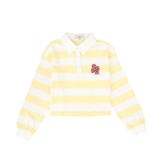 VIBE YELLOW CROP STRIPE OFF SHOULDER T-SHIRT