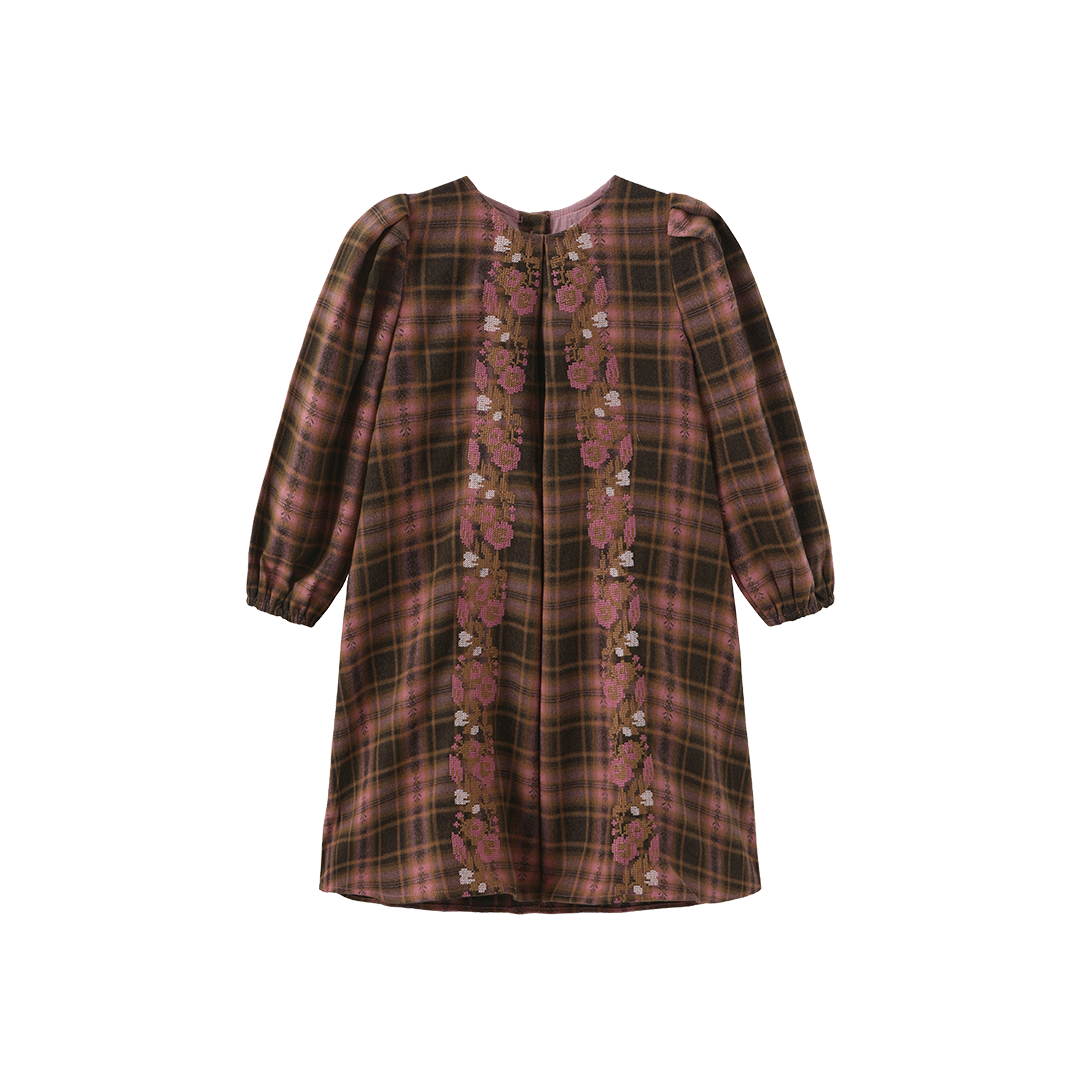 LILOU PINK PLAID EMBROIDERED DRESS
