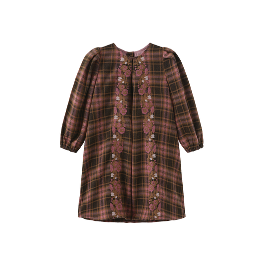LILOU PINK PLAID EMBROIDERED DRESS