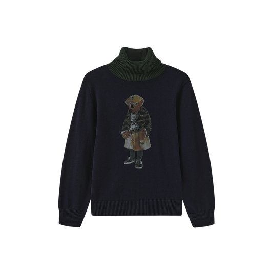 CREATIVE GENIUS NAVY CONTRAST NECK BEAR PATCH TURTLENECK