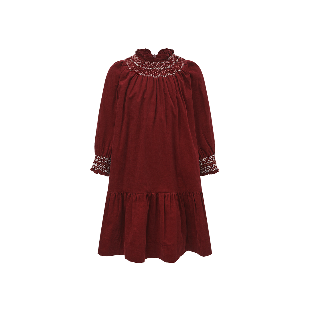 ONE CHILD BURGUNDY SMOCKED DRESS