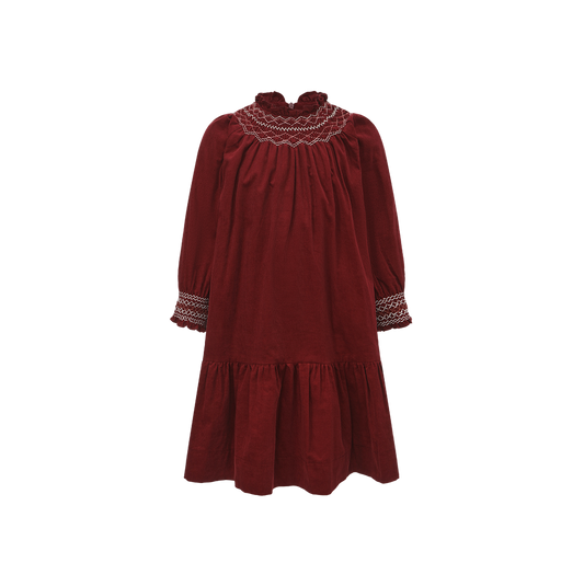 ONE CHILD BURGUNDY SMOCKED DRESS