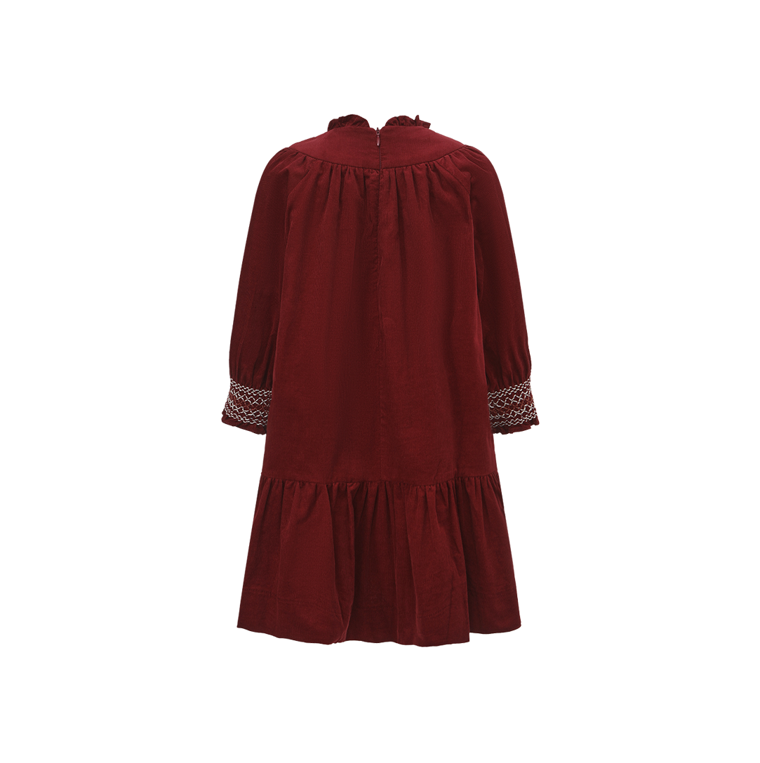 ONE CHILD BURGUNDY SMOCKED DRESS