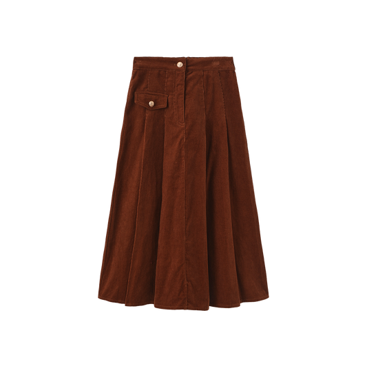 VALEN VEE BROWN CORDUROY SINGLE POCKET MIDI SKIRT
