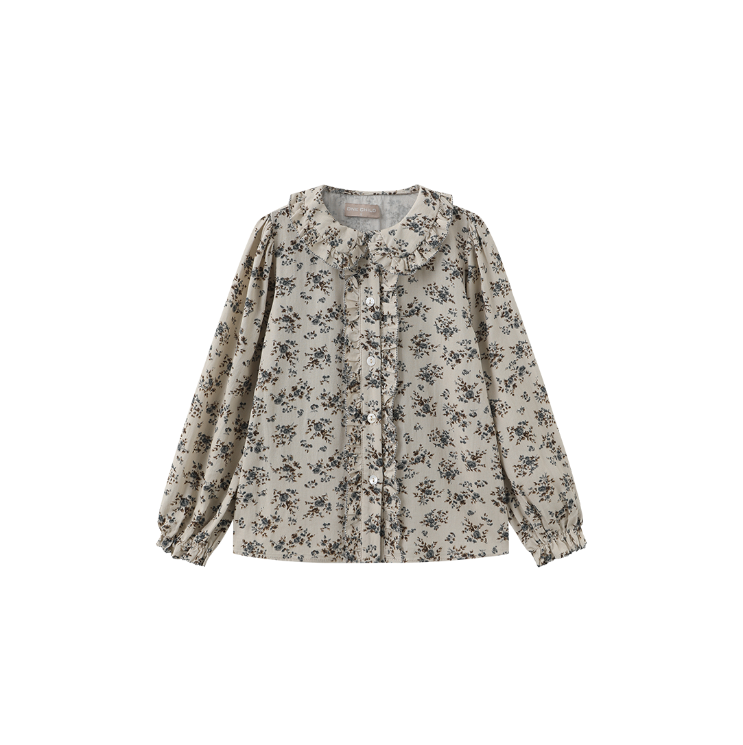ONE CHILD BEIGE/BLUE FLORAL SCALLOP TRIM BLOUSE